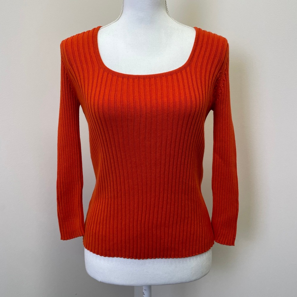 NWT Express World Brand Y2K Orange Ribbed Knit 3/4 Sleeve Cotton Sweater M